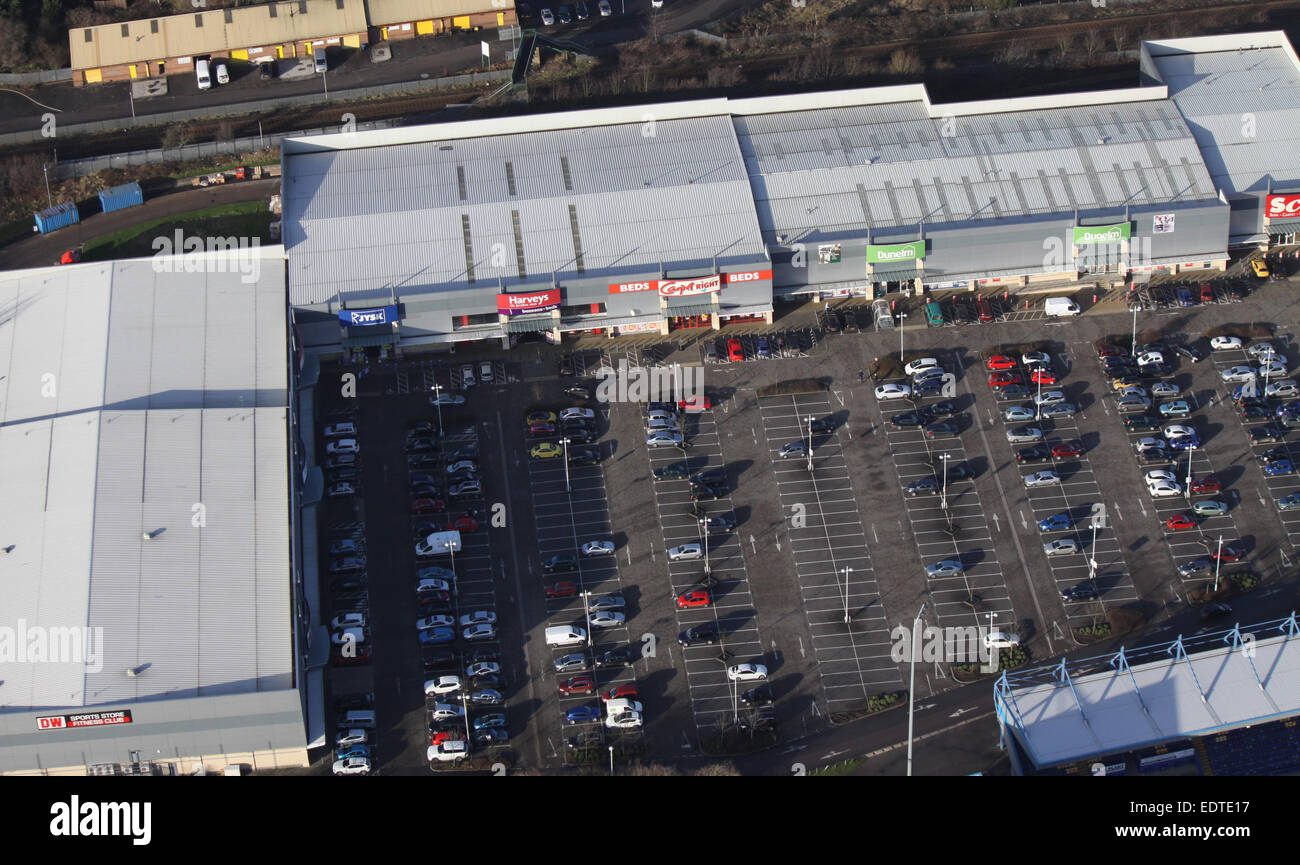 aerial view of the Portland Retail Park in Mansfield, Nottinghamshire, UK Stock Photo