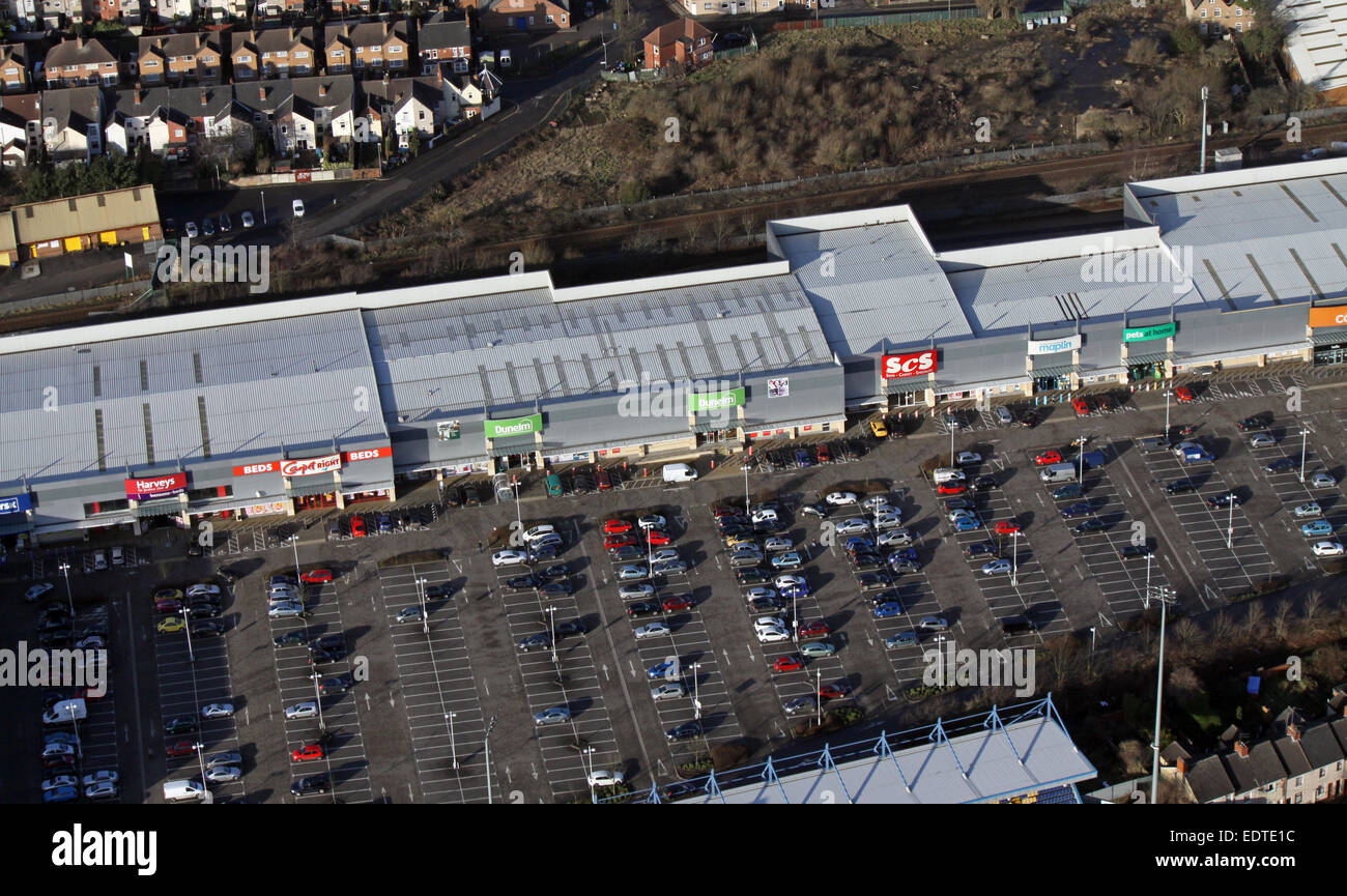 aerial view of the Portland Retail Park in Mansfield, Nottinghamshire, UK Stock Photo