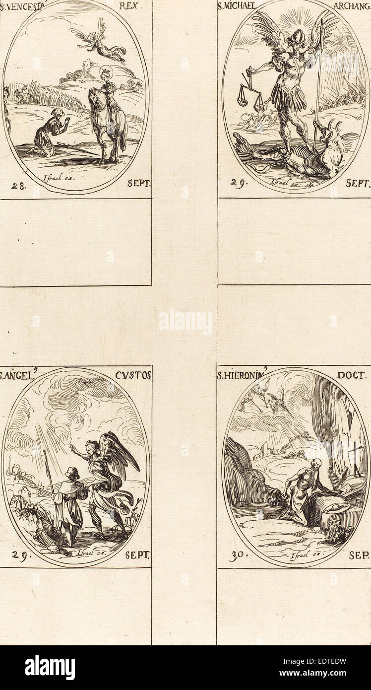 Jacques Callot (French, 1592 - 1635), St. Wenceslas; St. Michael, Archangel; The Guardian Angel; St. Jerome, etching Stock Photo