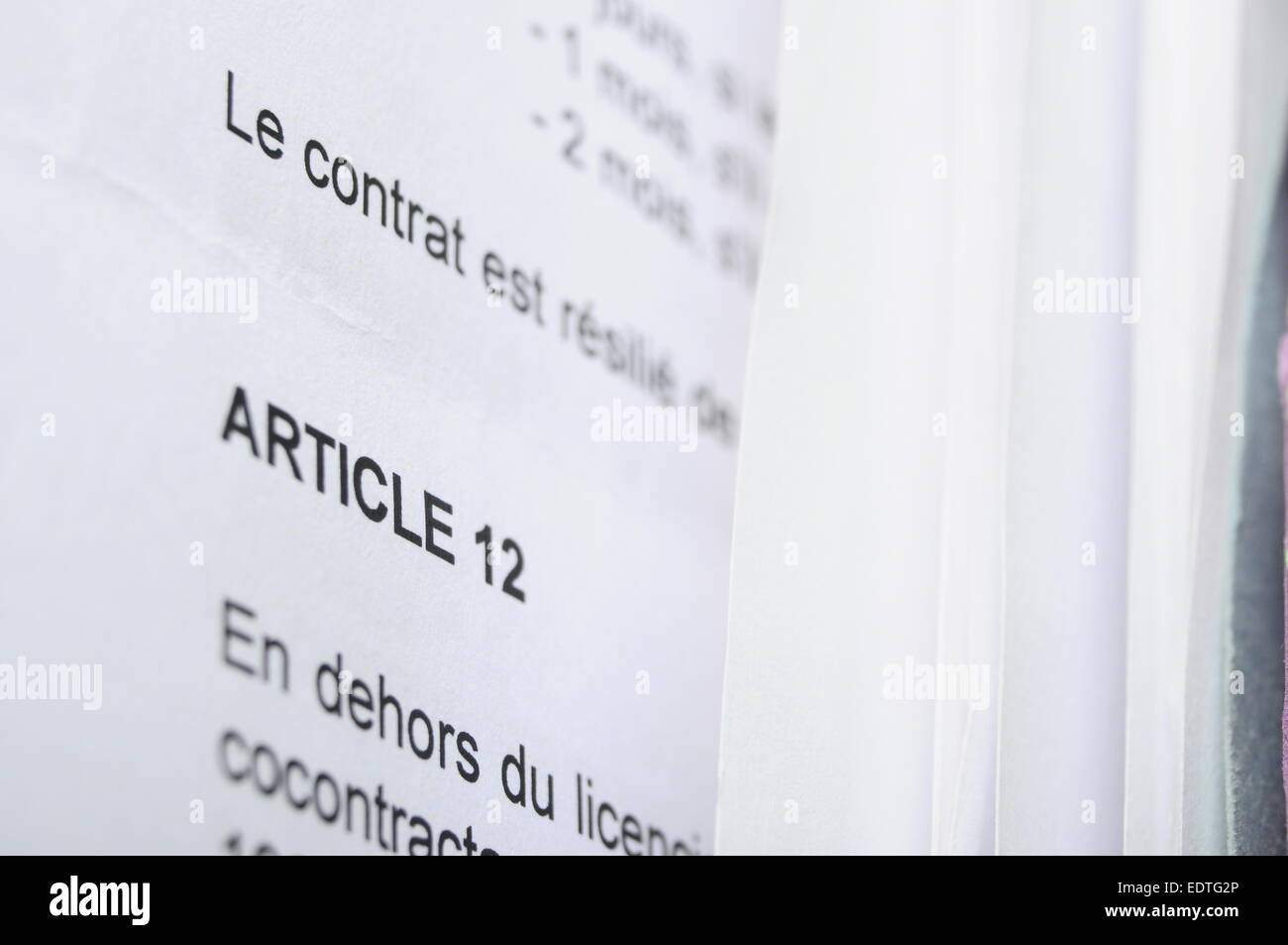 Macro of french employment contract for business background Stock Photo
