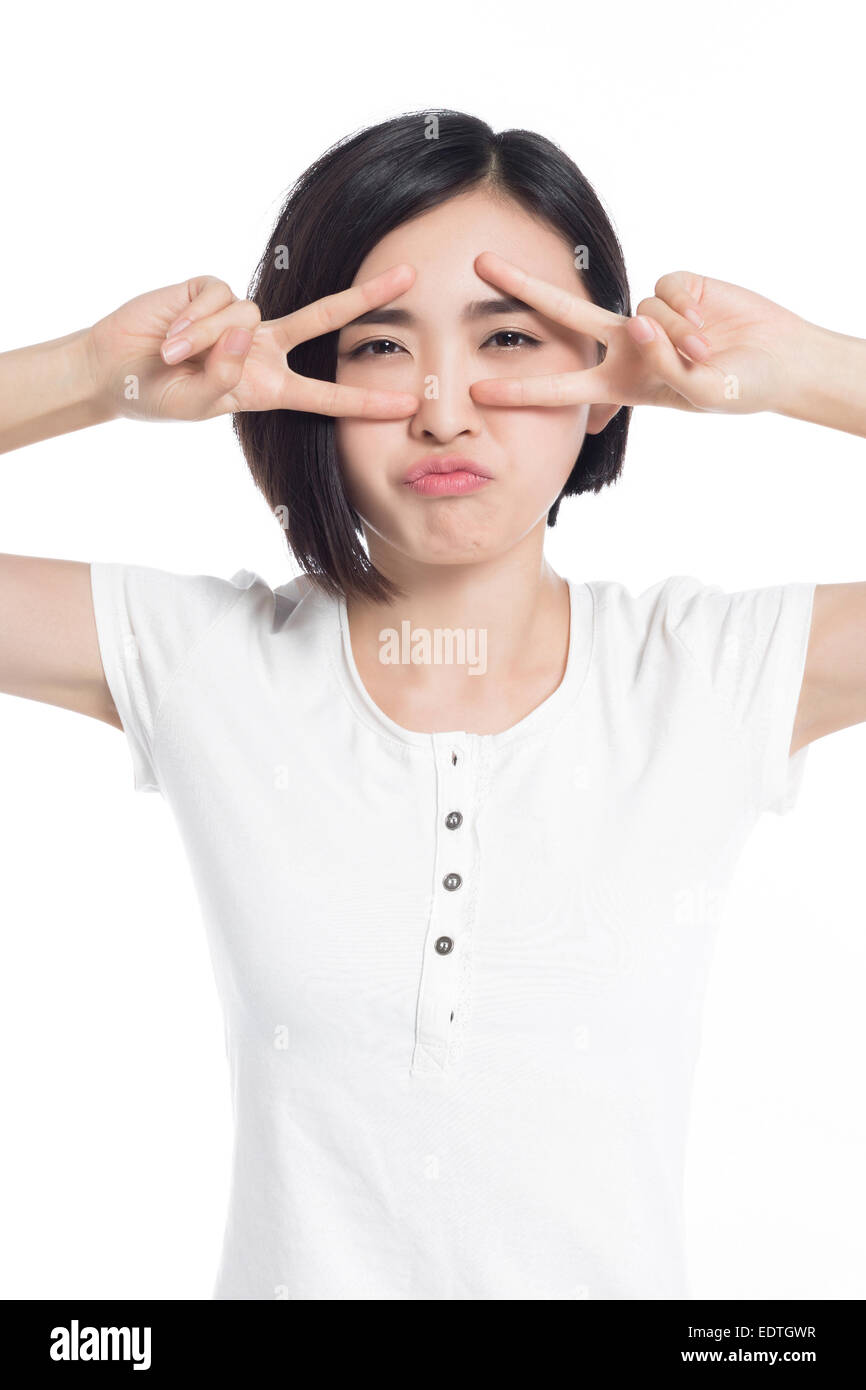 chinese woman facial expressions, white background Stock Photo