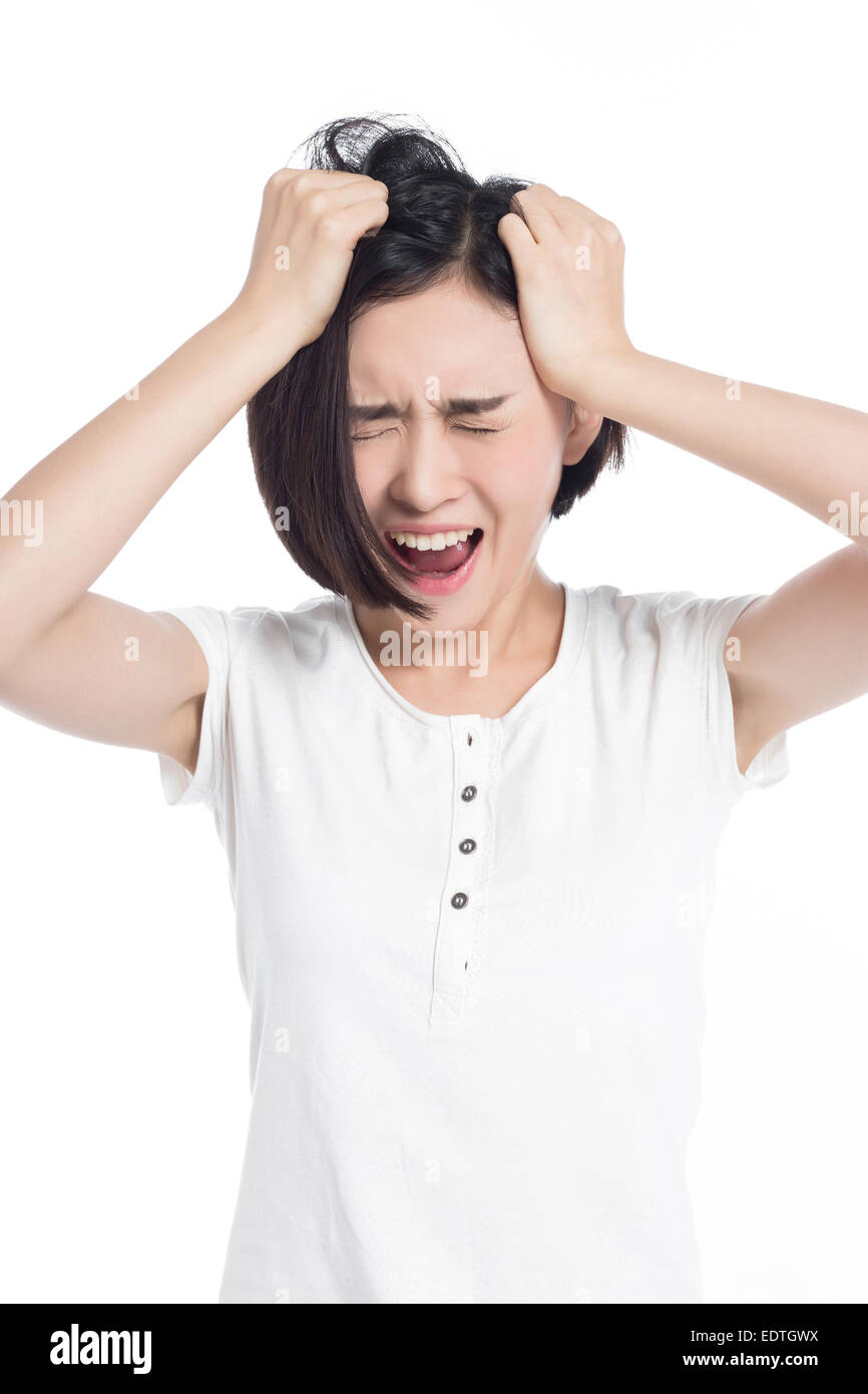 chinese woman facial expressions, white background Stock Photo