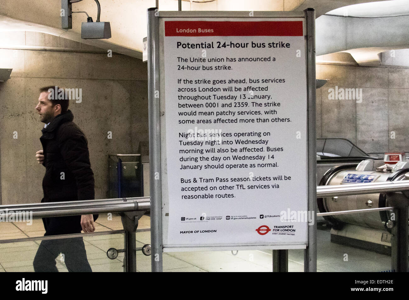 London, UK. 09 Jan 2015. A sign at London Bridge station warns passengers of a planned 24 hour bus strike by the Unite union which may take place on 13th January 2015. Credit:  Jamie Hunt/Alamy Live News Stock Photo
