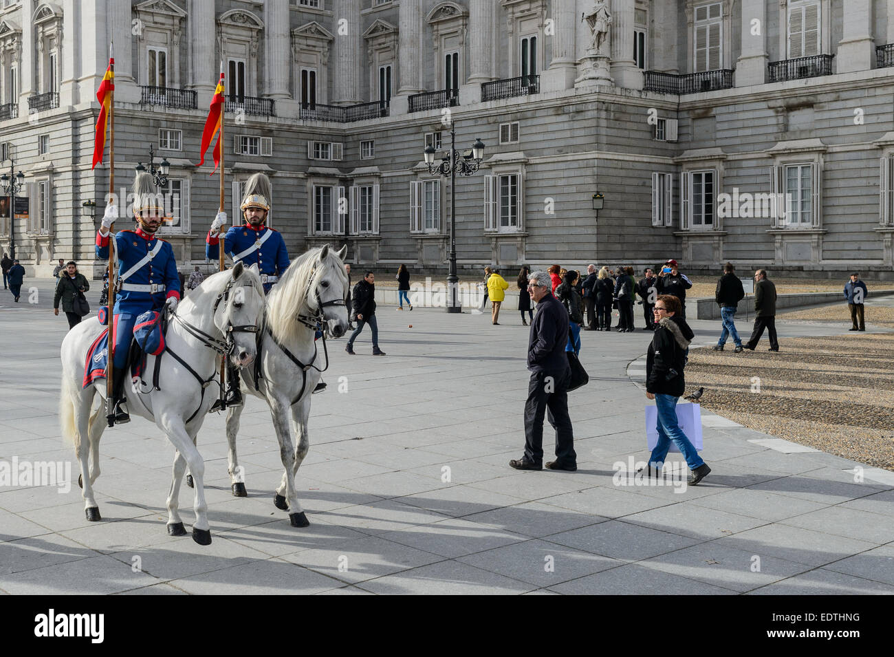 The Royal Guards on horseback in front of the Royal Palace in Madrid Stock Photo