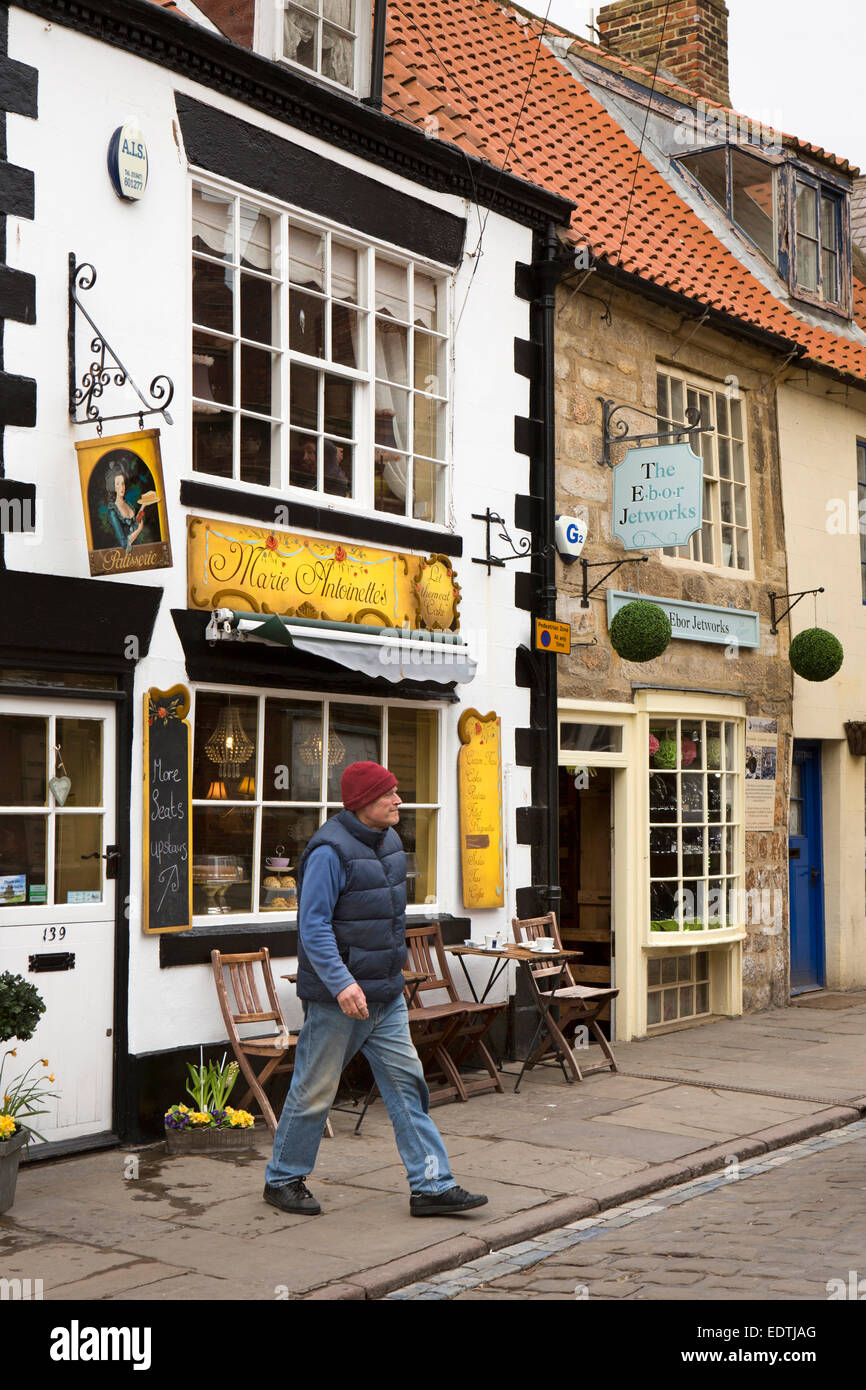 UK, England, Yorkshire, Whitby, Sandgate, Marie Antoinette's Tea shop next to Ebor Jetworks Jeweller’s shop Stock Photo