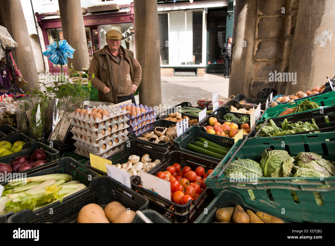 UK, England, Yorkshire, Whitby, New Market Place vegetable stall beneath Town Hall Stock Photo