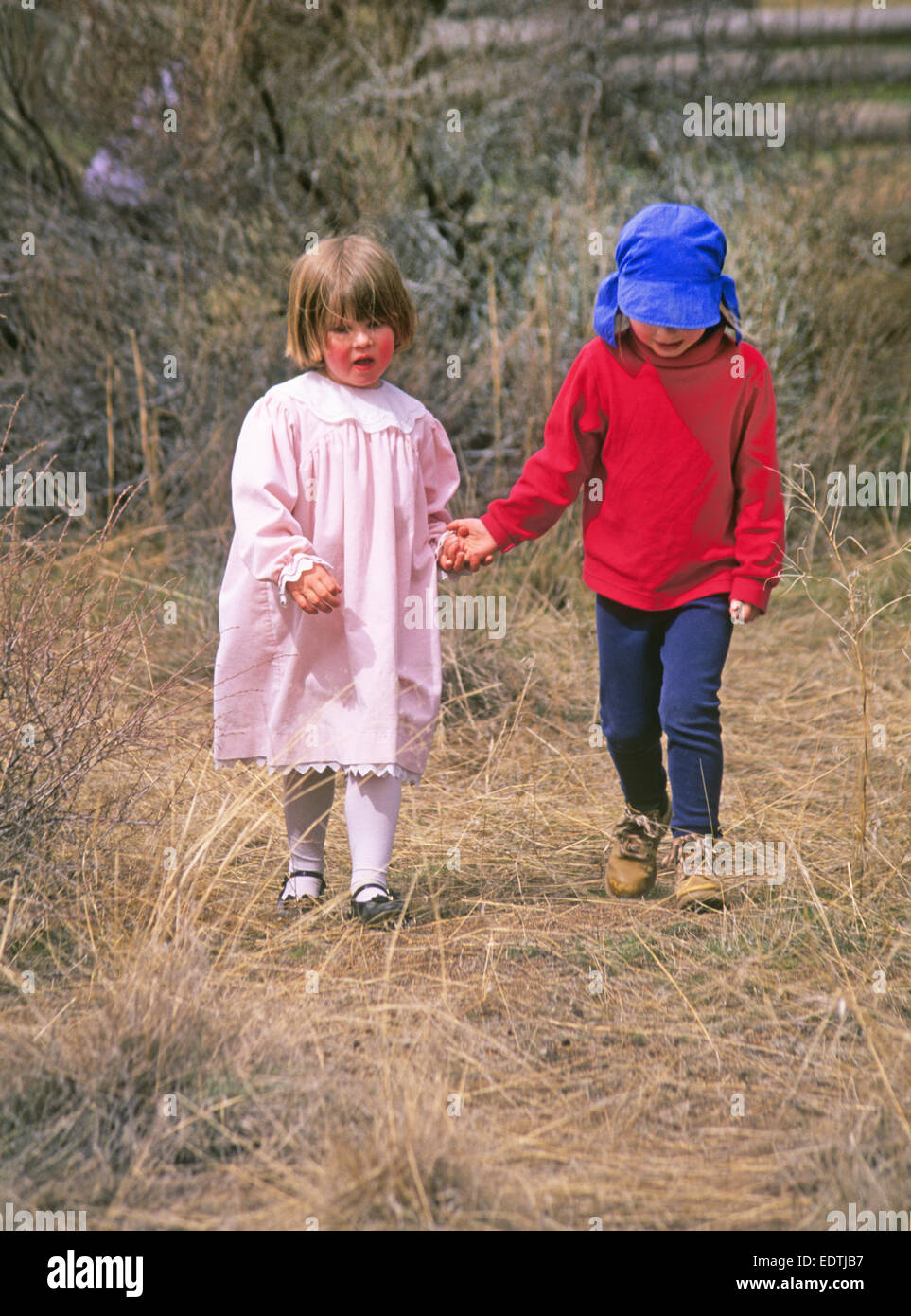 Two young girls hold hands as they walk through a field Stock Photo - Alamy