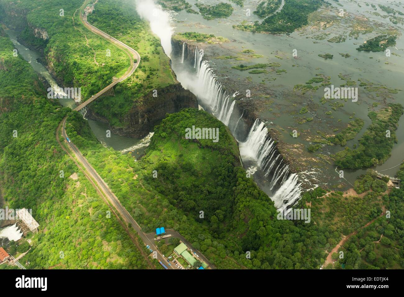 Aerial image of the Victoria Falls and the spray taken from the Zambian side and looking towards Zimbabwe, Africa. Stock Photo