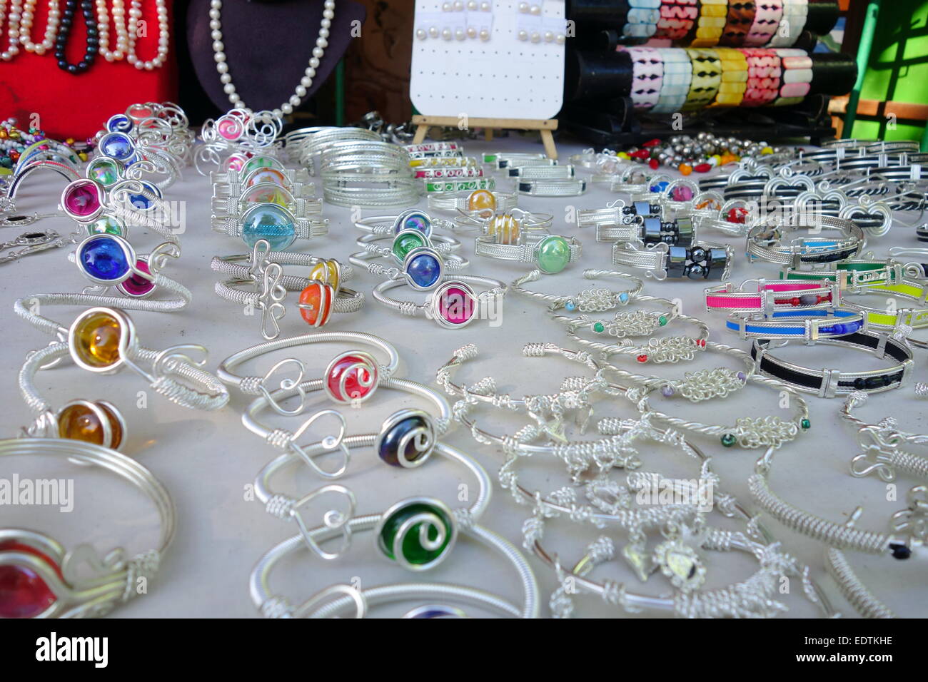 Bracelets and jewelery at a street stand in Varadero, Cuba Stock Photo