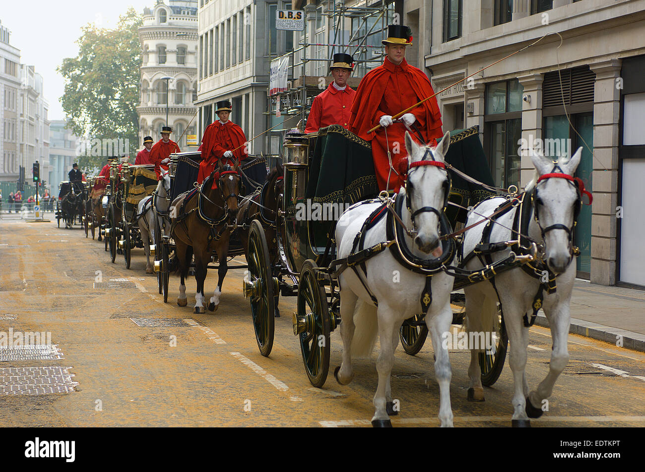 The carriages which were to be used in the Lord Mayor's Show lining up in the correct order before the start. Stock Photo