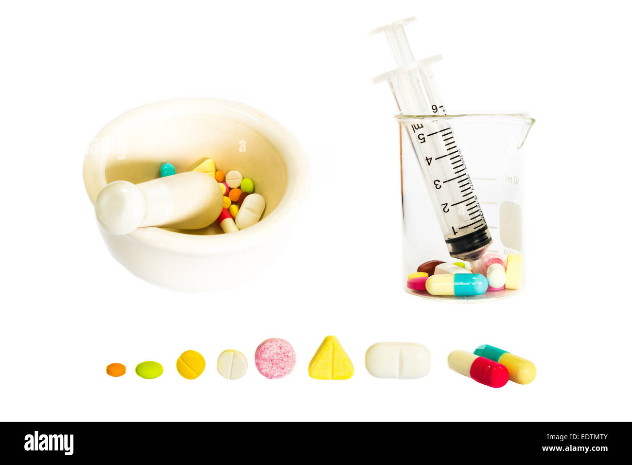 The collection of Medical is composed of syringe on beaker ,mortar and pestle,various shape of drugs Stock Photo