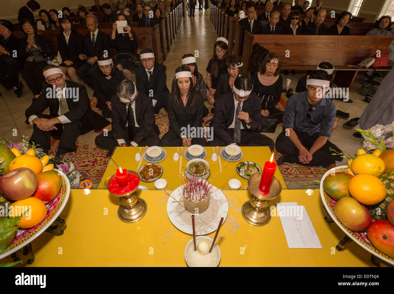 Family members, mourners at Vietnamese funeral service, Little Saigon