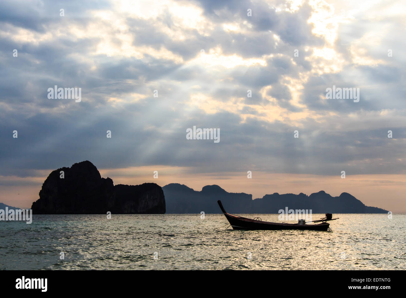 boat on sea and sky with sunbeam at Trang ,Thailand Stock Photo