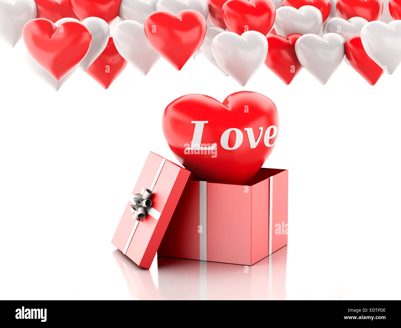 3d renderer illustration. red heart in a gift box and Heart balloons ...