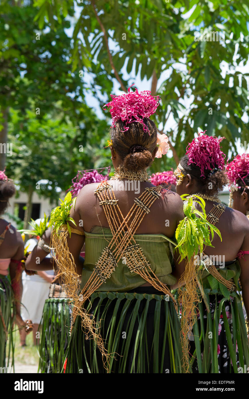 Makira-Ulawa Province, Solomon Islands, island of Owaraha or Owa Raha  (formerly known as Santa Ana), village of Gupuna. Traditional folkloric  performance of typical Women's Dance, shell trim on costumes Stock Photo 