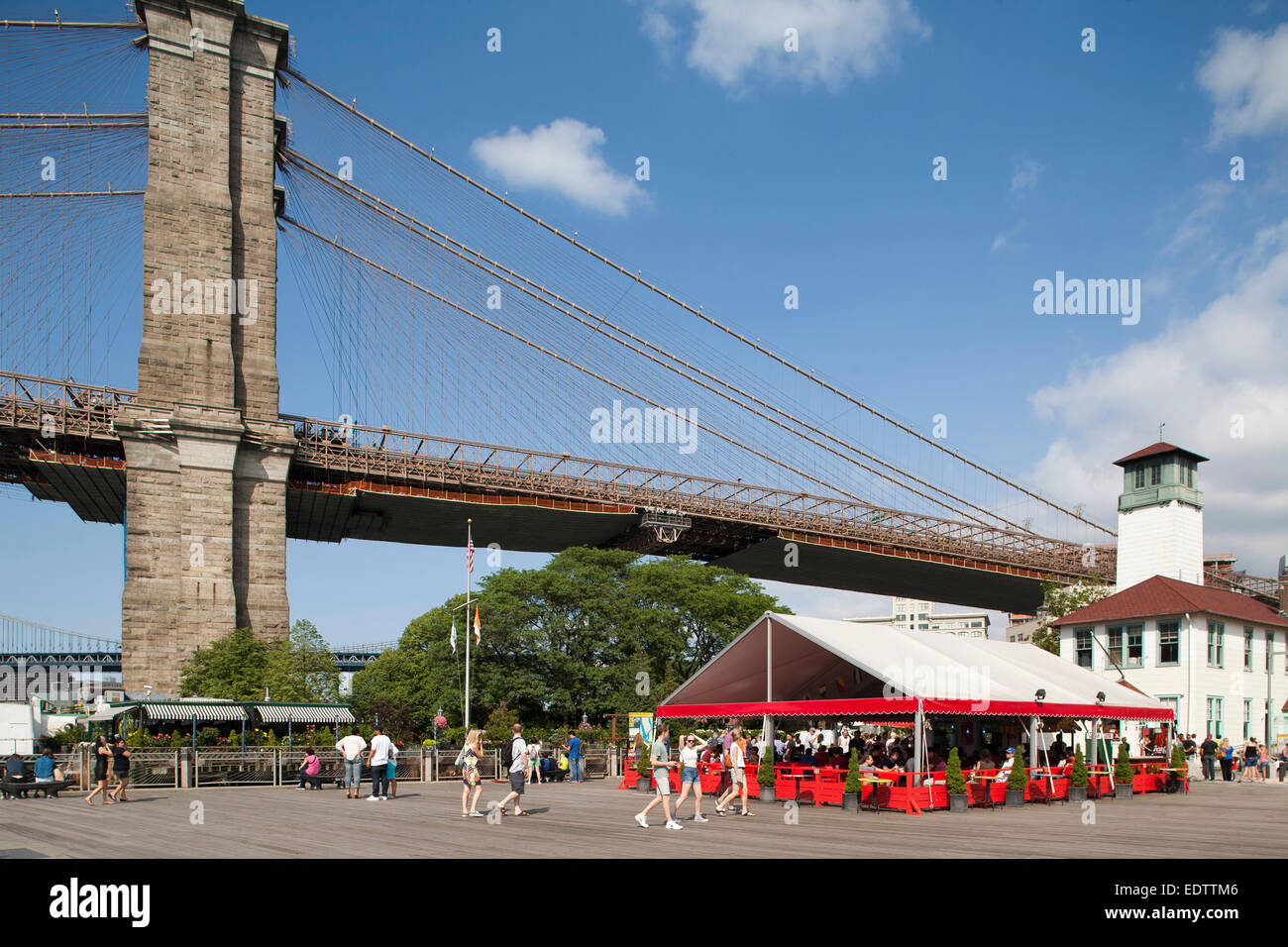 Brooklyn bridge and park, East river, New York, Usa, America Stock Photo