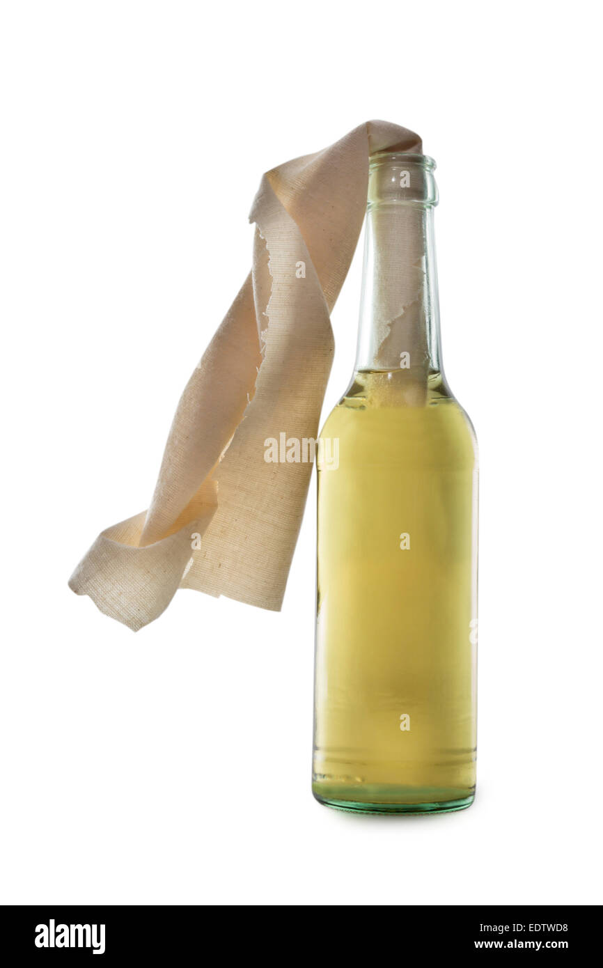 Glass bottle filled with gasoline, a so called Molotov Cocktail, isolated on white background Stock Photo