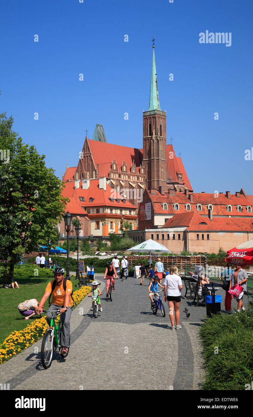 View from Sand Island to Cathedral Island and holy cross church, Wroclaw, Lower Silesia, Poland, Europe Stock Photo