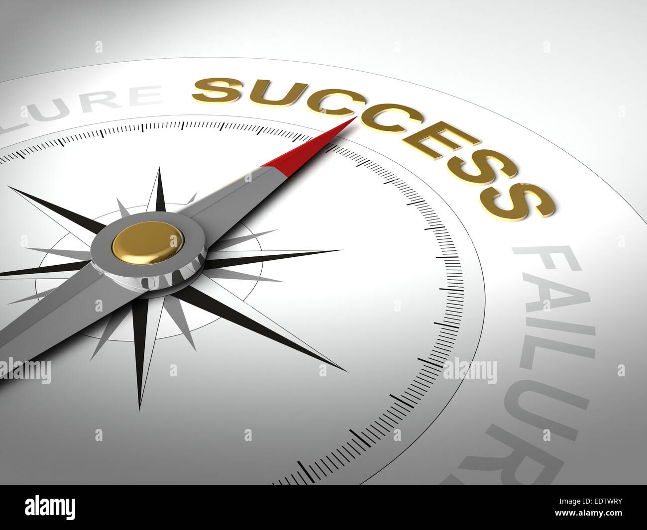 Conceptual 3D render of compass with needle pointing the word success Stock Photo