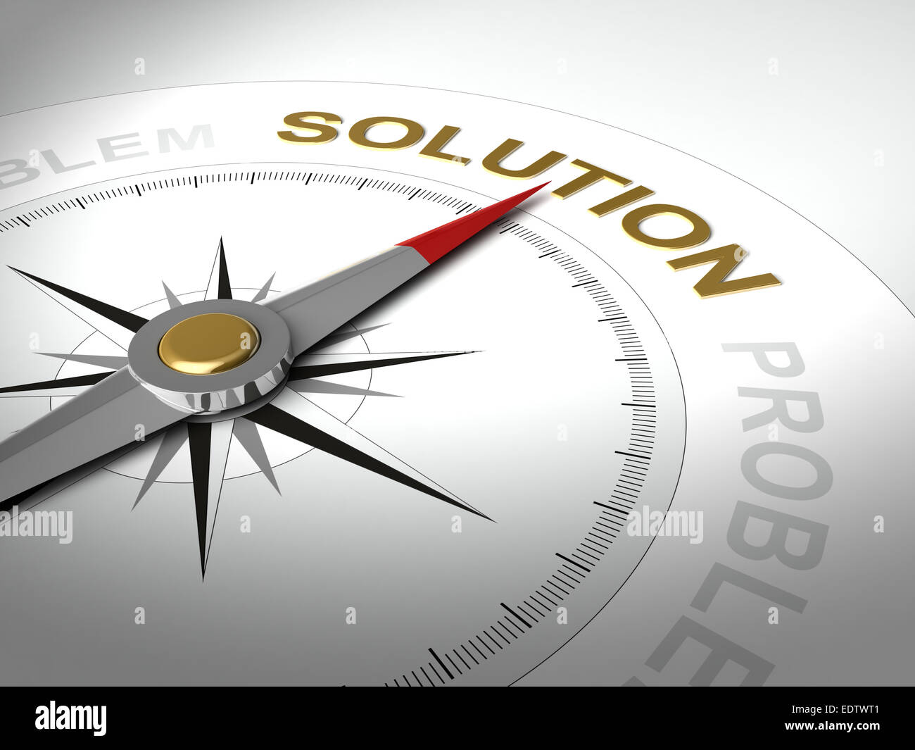 Conceptual 3D render of compass with needle pointing the word solution Stock Photo
