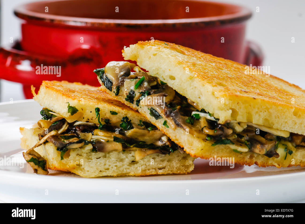Grilled mushroom and Brie Cheese sandwich with bowl of soup Stock Photo
