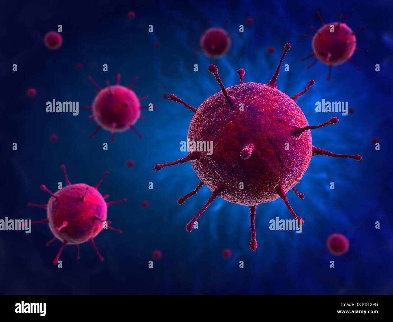 3d render of virus cells on abstract blue background Stock Photo