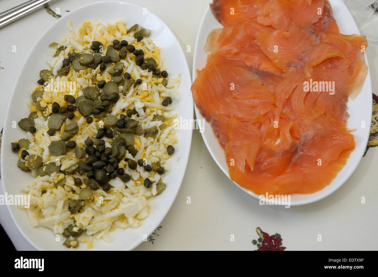 Smoked salmon and garnish grated egg gherkins and capers hires stock photography and images Alamy