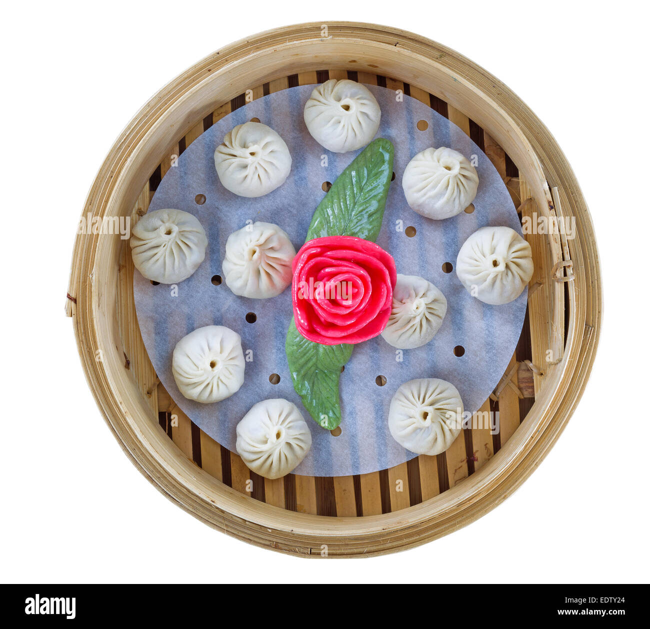 Square top view image of uncooked Chinese Dim sum in bamboo server Stock Photo