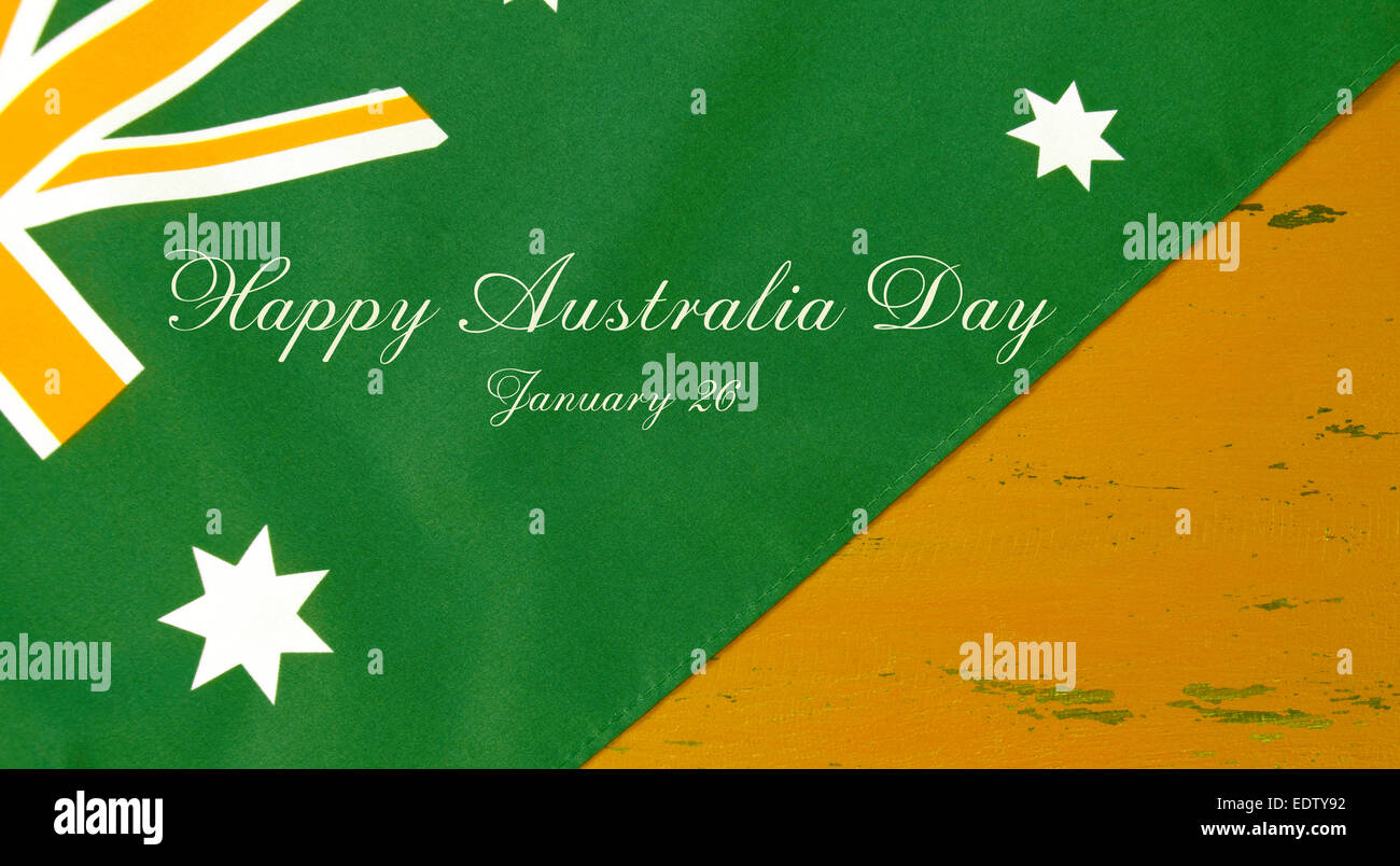 vandrerhjemmet Ofre Allergi Australian flag in unofficial green and gold colours on yellow recycled  wood background with sample text for Happy Australia Day Stock Photo - Alamy