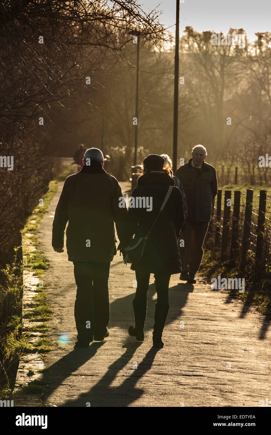 Two couples walking along Town Path near Salisbury Cathedral. Warm winter sunlight with long shadows cast. Stock Photo