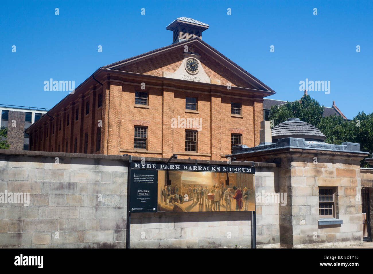 Hyde Park Barracks Convict era Early Australian architecture built 1817 Sydney New South Wales NSW Australia Sign on wall outsid Stock Photo