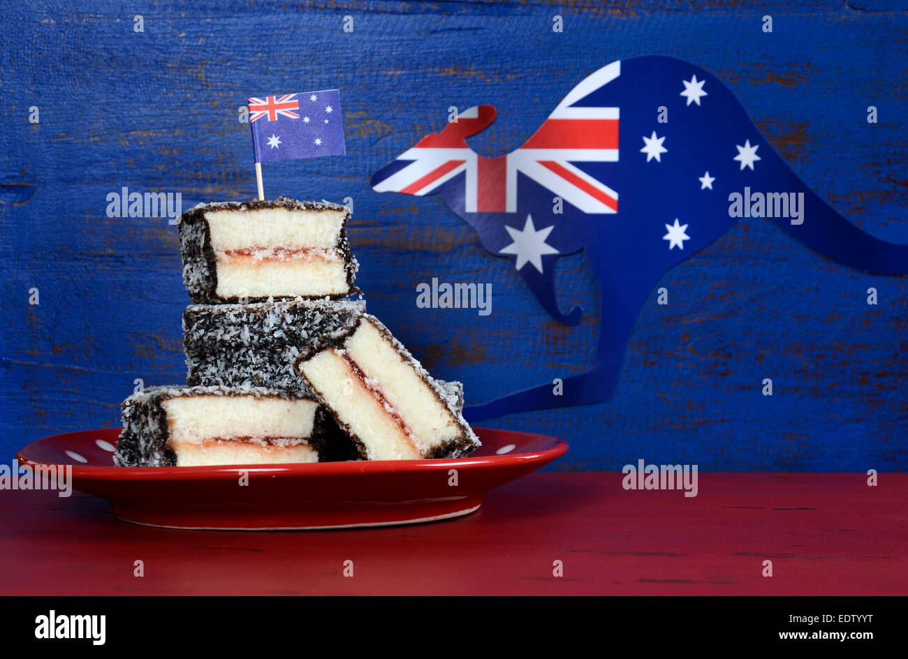 Happy Australia Day January 26 party food with iconic Australian lamington cakes Stock Photo