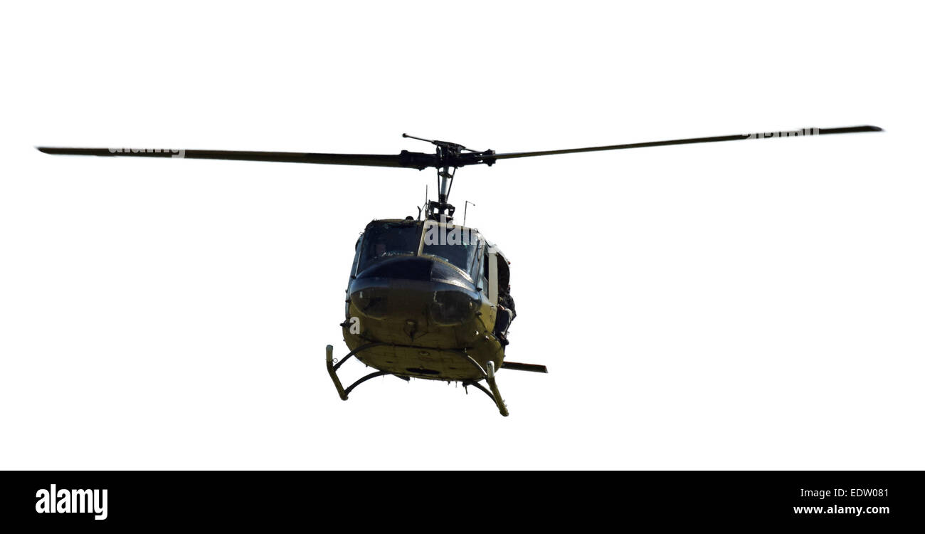 Front view of Vietnam War era helicopter isolated on white UH-1 Huey Stock Photo