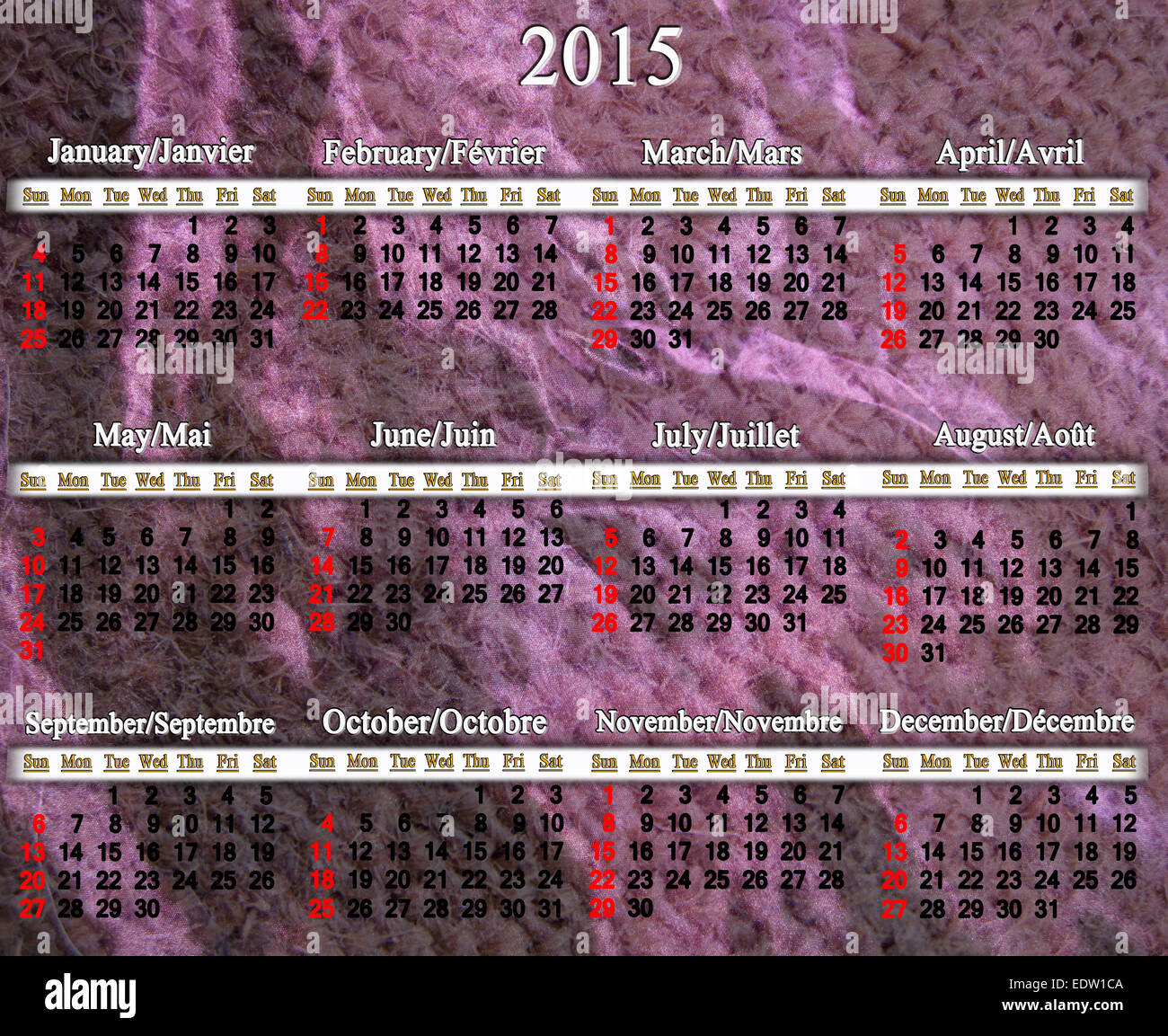 calendar for 2015 year in English and French on the dark lilac background Stock Photo