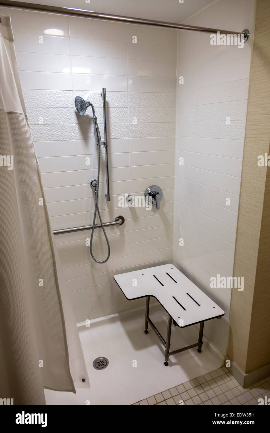 Chicago Illinois,Fairfield Inn & Suites,hotel,guest room,handicap,bathroom,sitting bench,shower,stall,IL140907001 Stock Photo