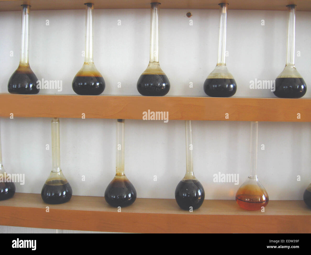 sample of oil in the flasks on the exhibition stend Stock Photo