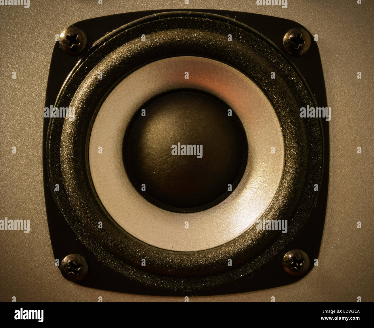 A  4 inch (10.16 centimeter) speaker, colored silver and black. Stock Photo