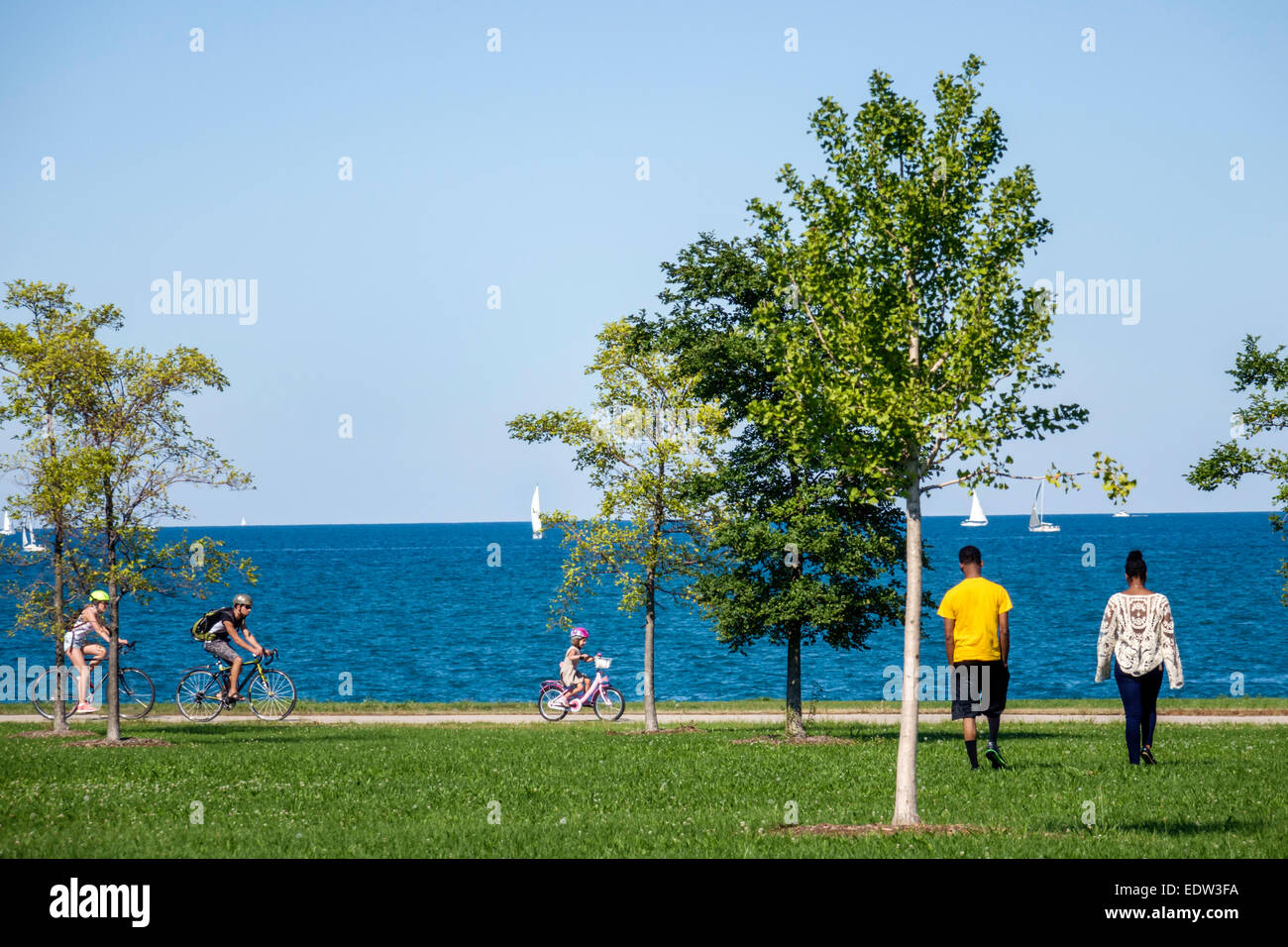 Chicago Illinois,South Side,Lake Michigan,39th Street Beach,Lakefront Trail,water,trees,biker