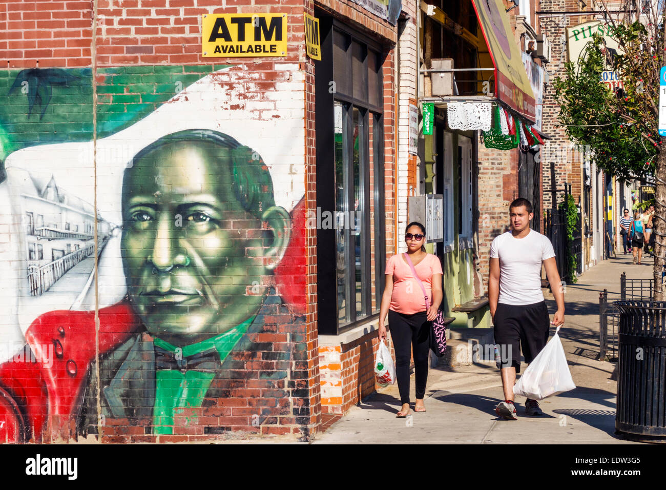 Chicago Illinois,Lower West Side,West 18th Street,mural,Mexican president Benito Pablo Juárez García,flag colors,Hispanic man men male,woman female wo Stock Photo