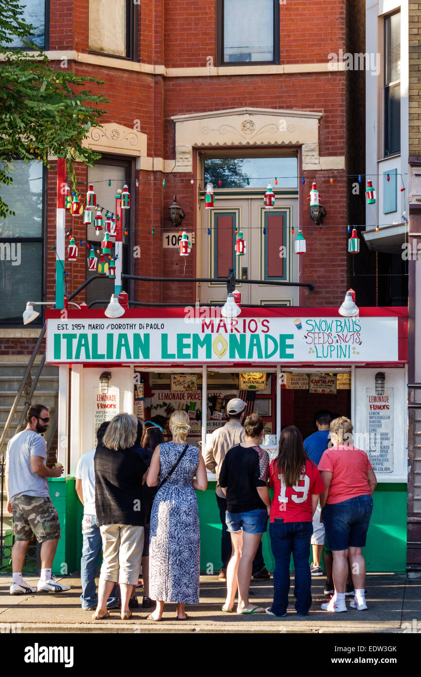 Chicago Illinois,Little Italy,West Taylor Street,Mario's Italian Lemonade,stand,customers,line,queue,IL140907095 Stock Photo