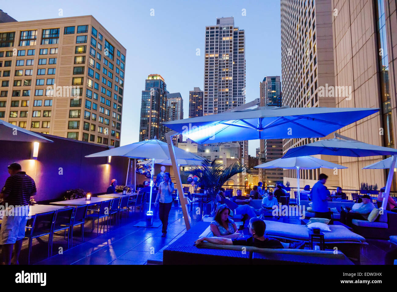 Chicago Illinois,North River,North Rush Street,Conrad Hilton,hotel,Terrace Rooftop Bar,restaurant restaurants food dining cafe cafes,al fresco sidewal Stock Photo