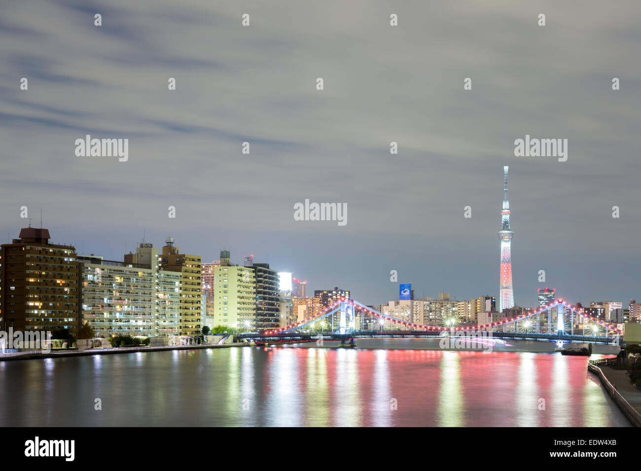 Tokyo cityscape  and Tokyo skytree at night along river Stock Photo