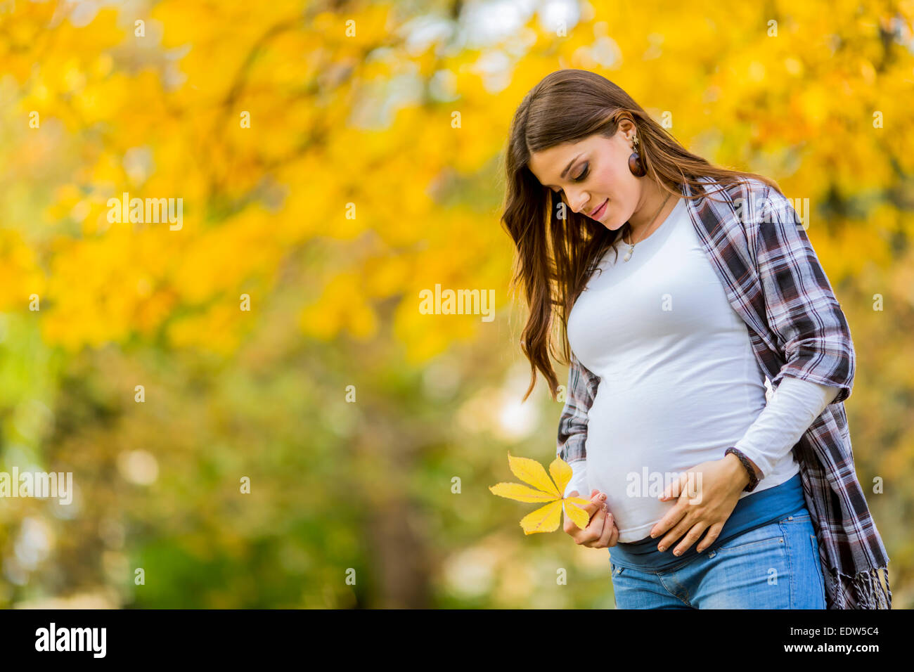 Young pregnant woman in the autumn park Stock Photo - Alamy