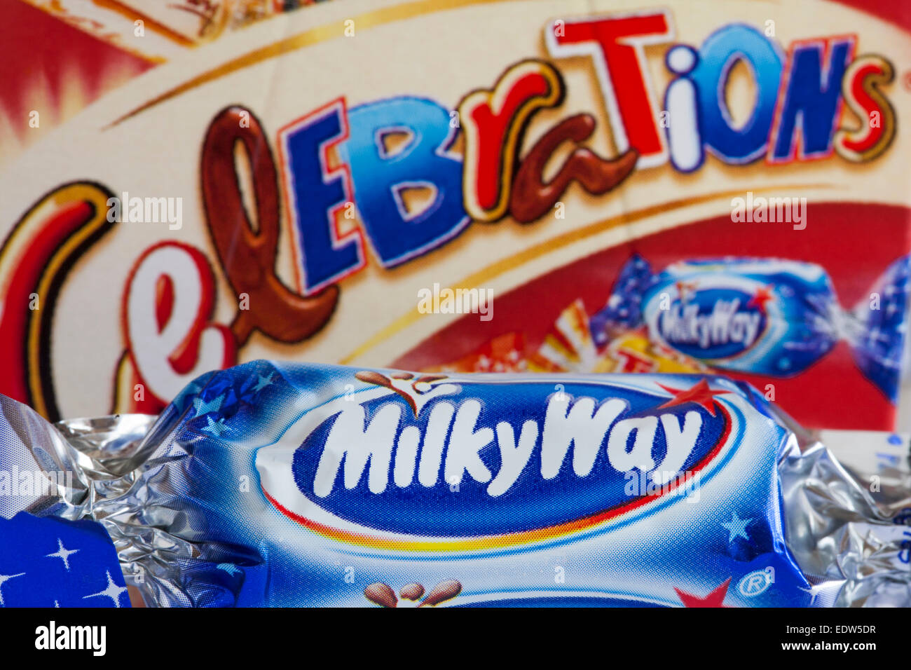 Milky Way chocolate removed from box of Celebrations chocolates Stock Photo
