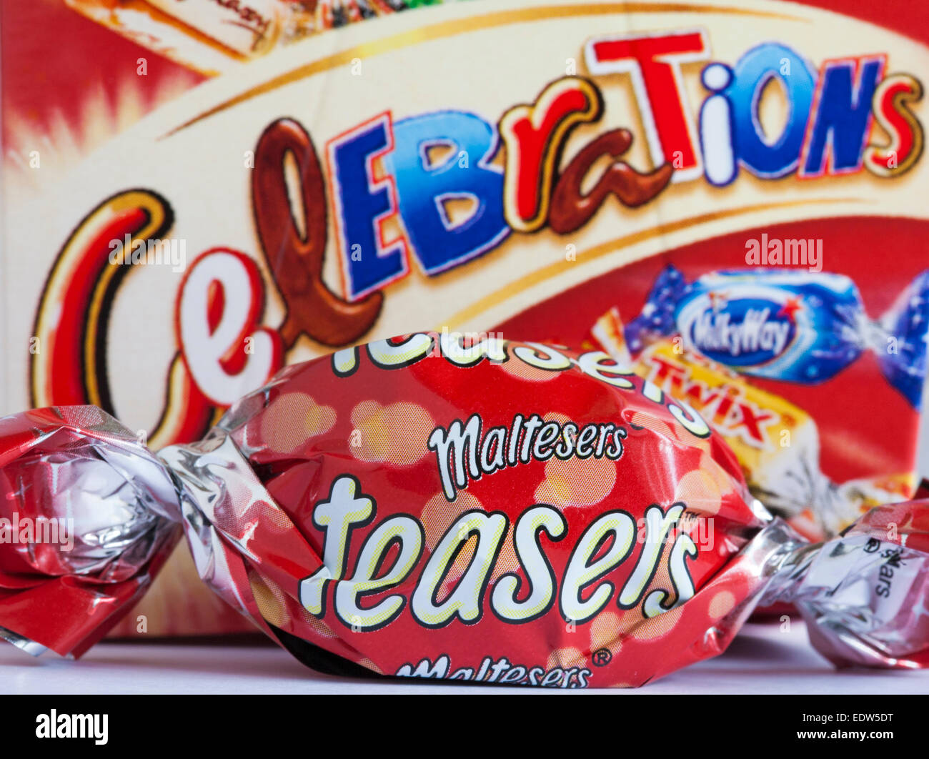 Maltesers teasers chocolate removed from box of Celebrations chocolates Stock Photo