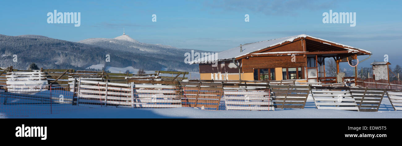 Winter Panorama view from Obri sud - Javornik on Jested in Jizera mountains. Stock Photo