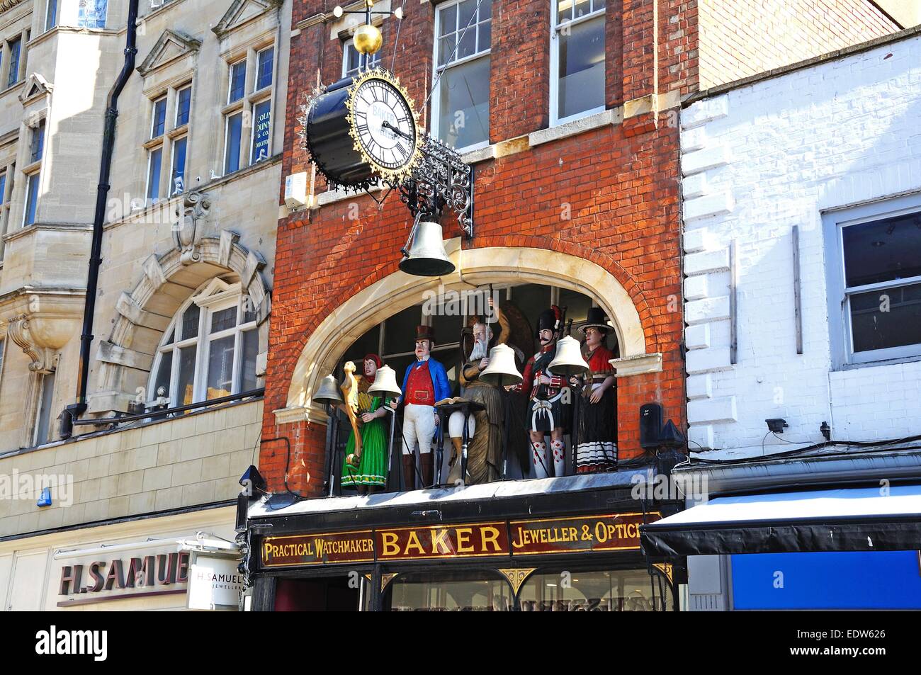 Bakers Jewellers with statues and a clock above along Southgate Street