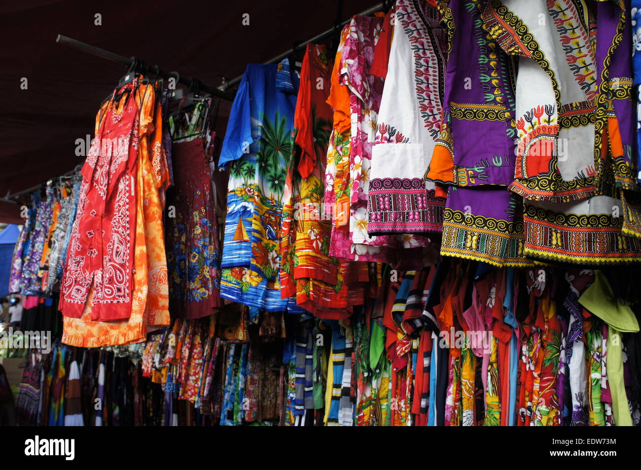 colourful dye printed shirts and dresses from Sabah, East Malaysia Stock Photo