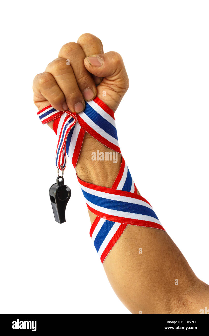 forearm of thai man with ribbon and whistle Stock Photo