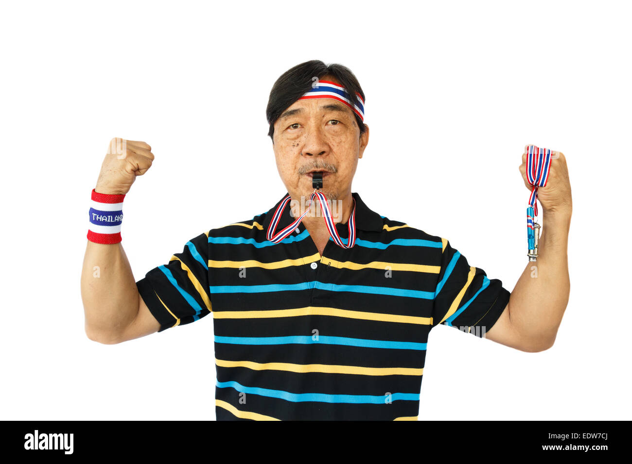 Thai man resist thai government (hold whistle ,blow a whistle and wear wristband) on white background (isolated) Stock Photo